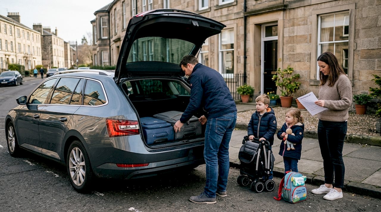 Un padre colocando las maletas en el maletero de un taxi familiar en Edimburgo