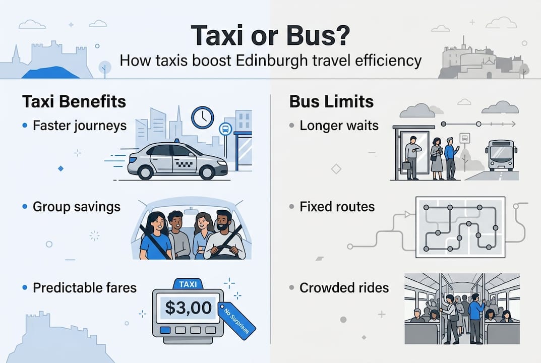 Infographic comparing taxi and bus benefits