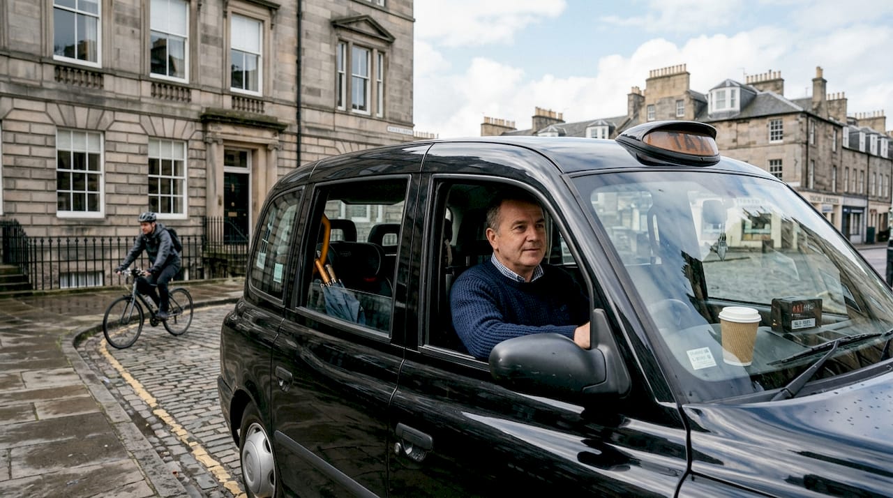 Un taxi negro circula por una de las calles del centro de Edimburgo.