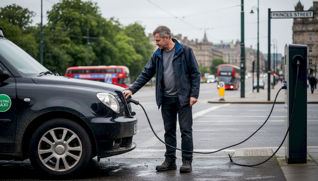Electric taxi charging in Edinburgh street