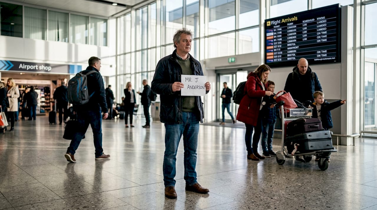 Driver waiting with sign in arrivals hall