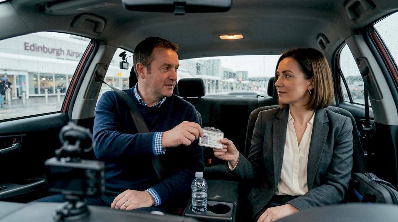 Passenger checking taxi driver's photo ID