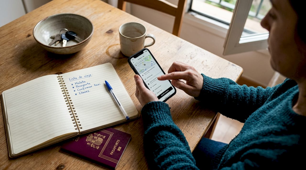 Pedir un taxi por teléfono y revisar una lista de cosas importantes antes de solicitar el servicio