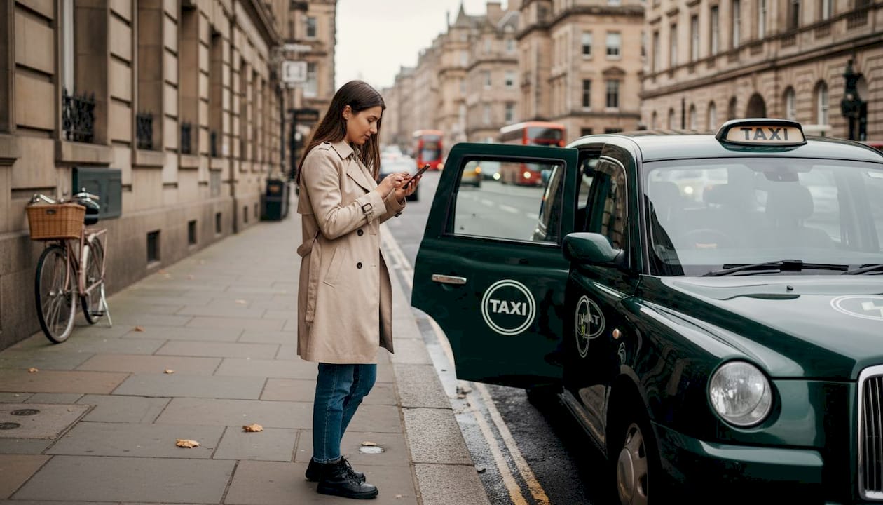 Una mujer espera un taxi ecológico en las calles de Edimburgo.