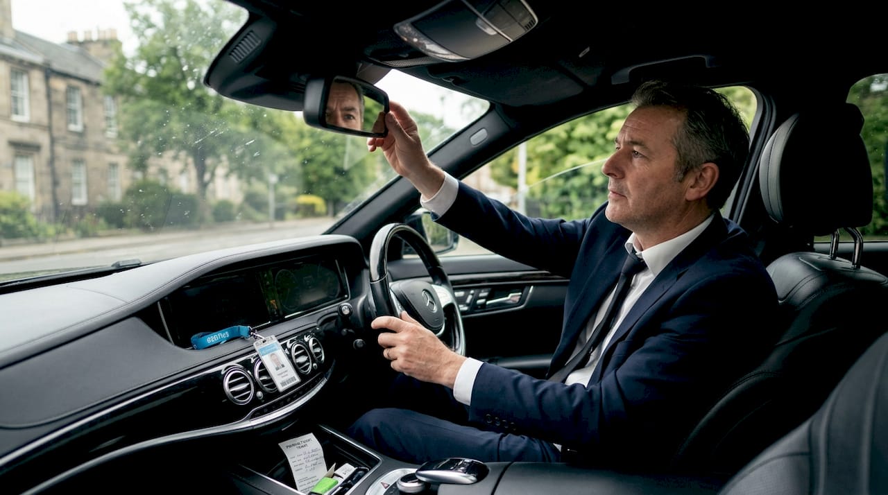 Chauffeur adjusting mirror in executive car
