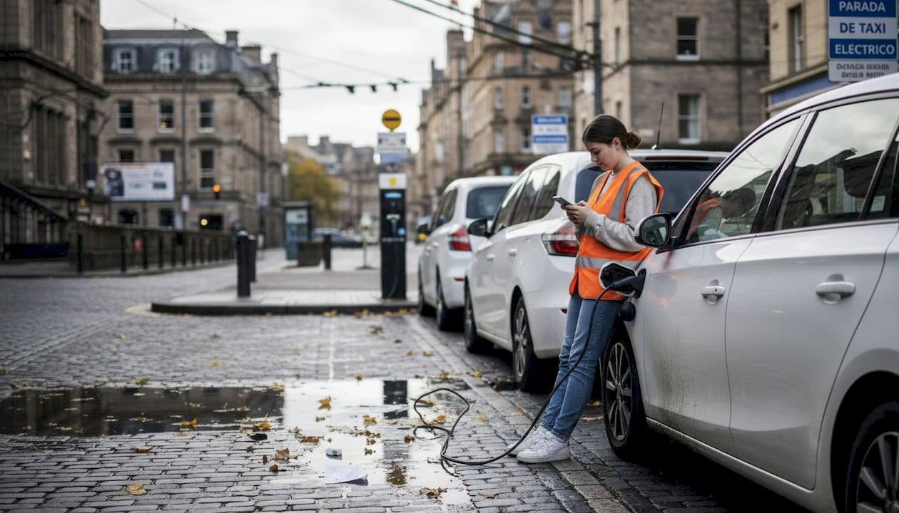 Taxis eléctricos recargando sus baterías en la estación de Edimburgo