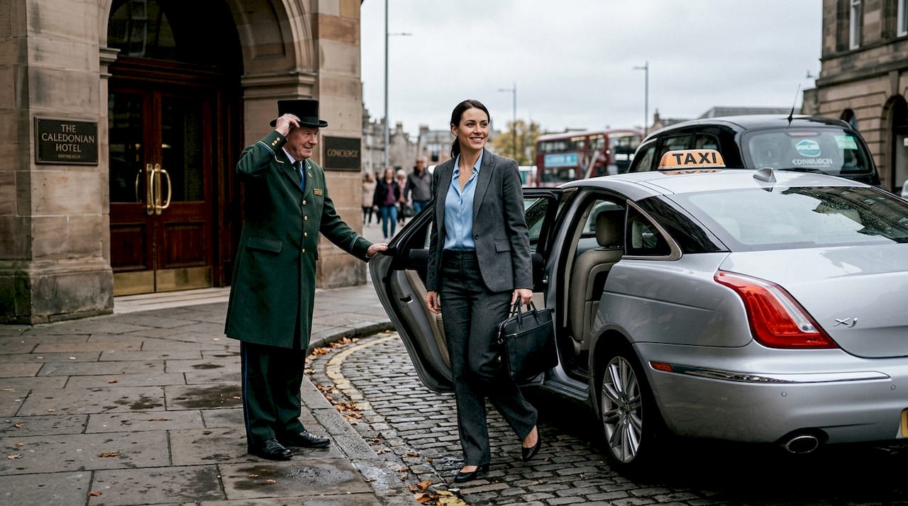 Executive arriving at hotel in sleek car