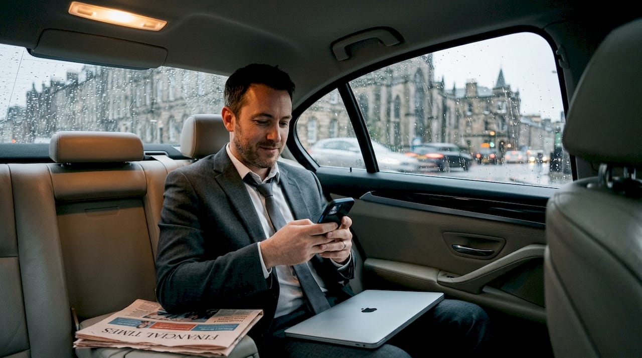 Business traveller using phone in executive car