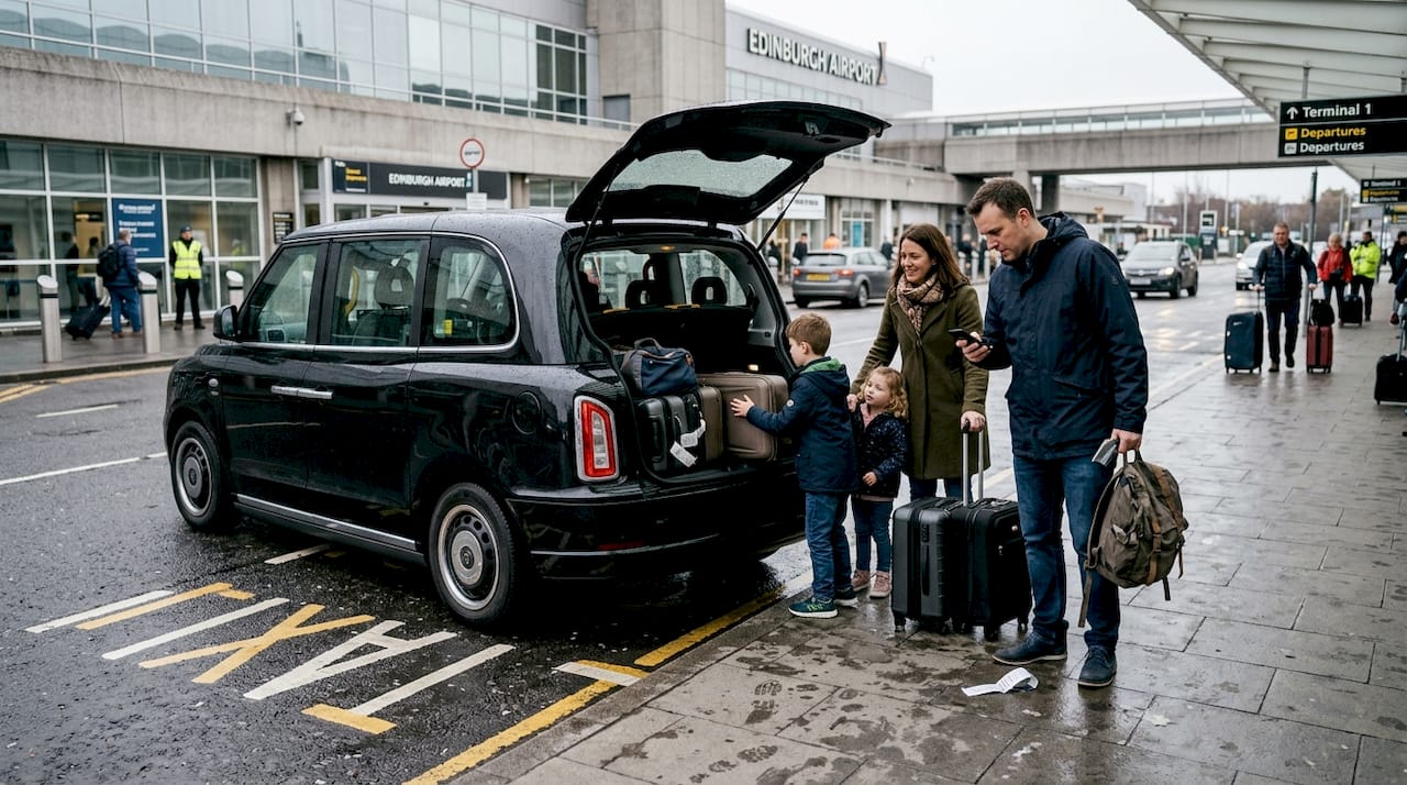 Una familia se dispone a tomar un taxi en el aeropuerto de Edimburgo.