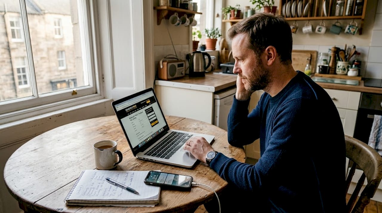 Man booking taxi in Edinburgh kitchen