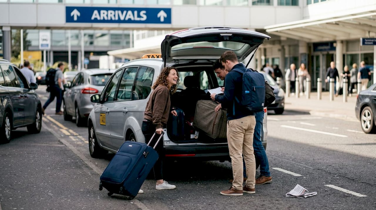 Friends loading luggage into airport group taxi