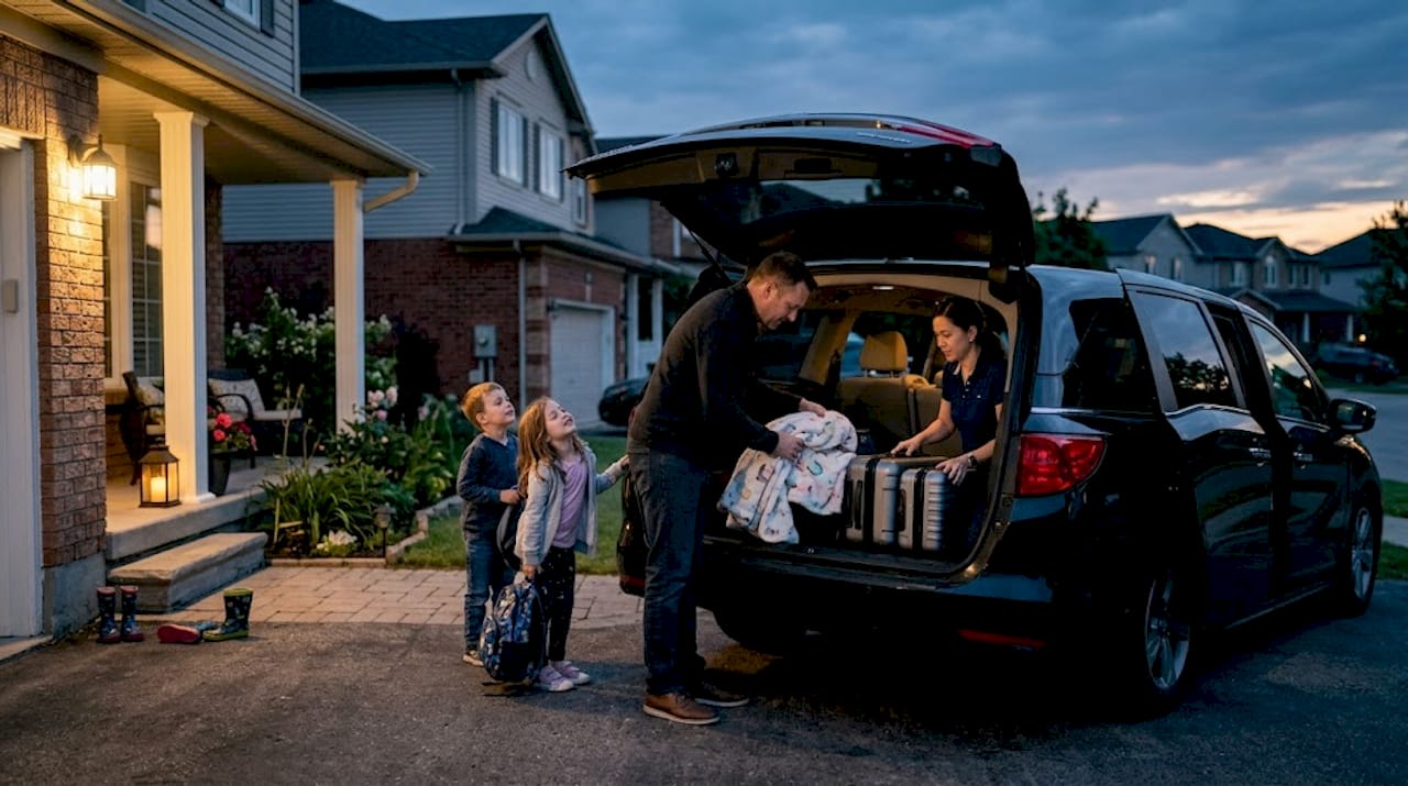 La familia alista la furgoneta para salir temprano rumbo al aeropuerto.