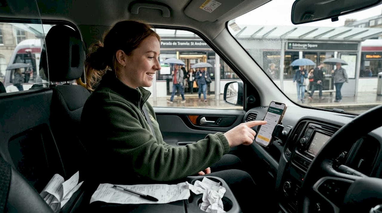 Conductor de taxi consultando una app en su móvil mientras trabaja