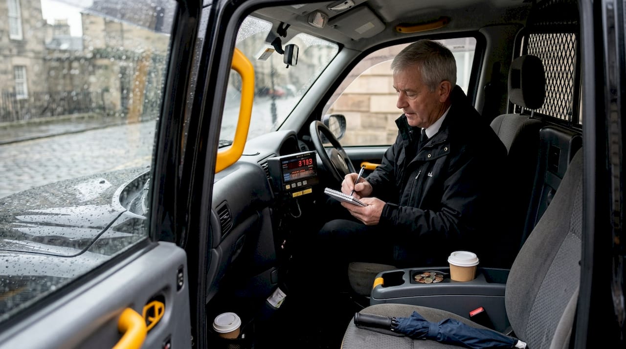 Conductor al volante de un típico taxi negro en Edimburgo