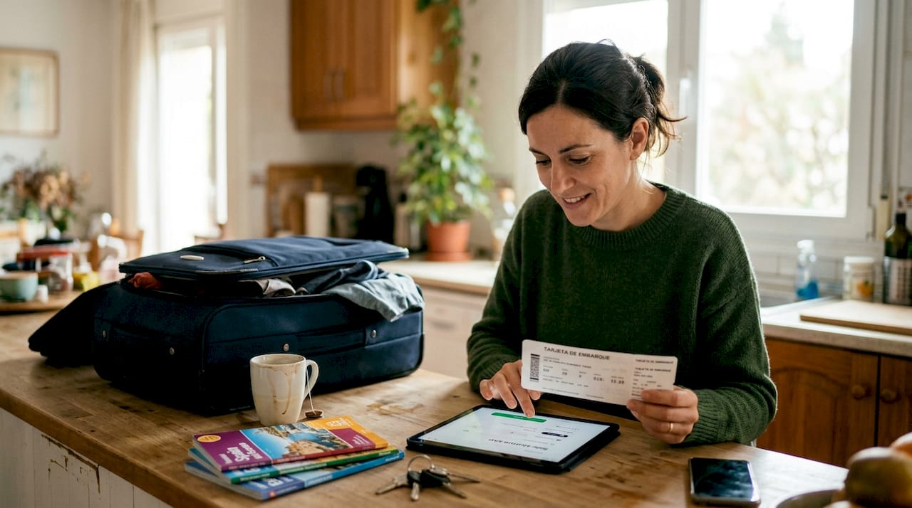 Mujer reservando un taxi que sigue en tiempo real la llegada de su vuelo