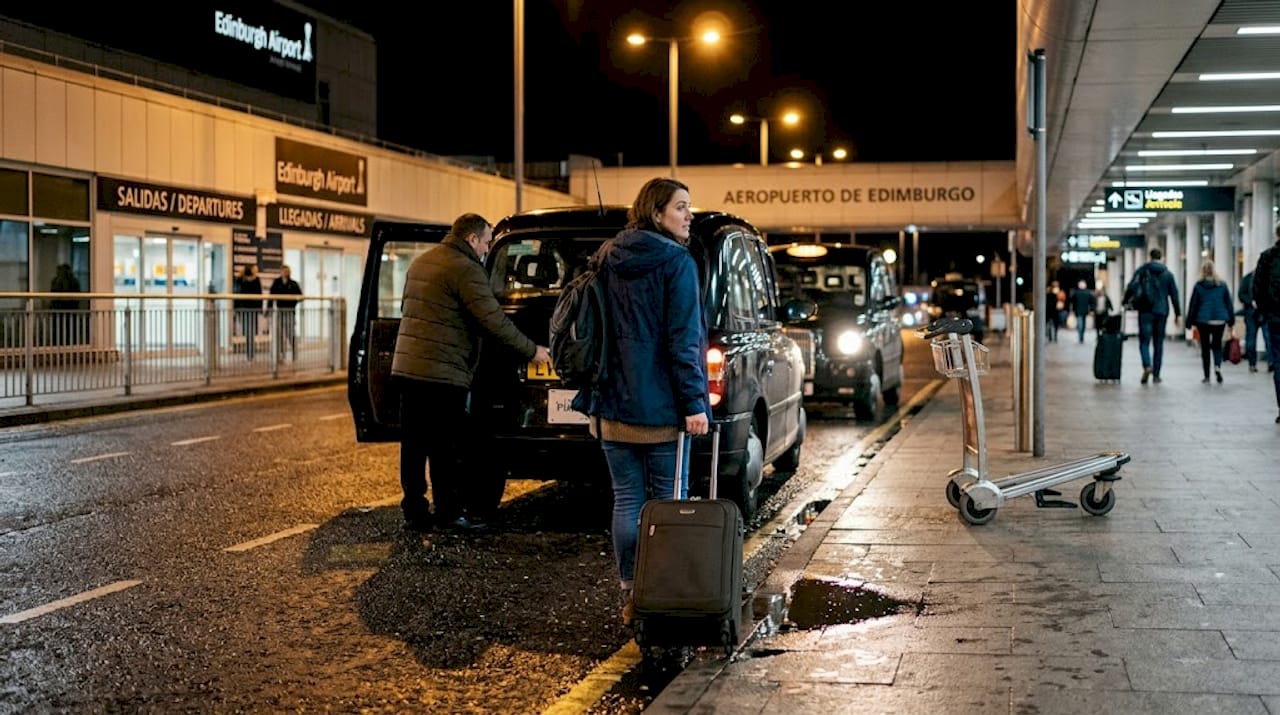 Un viajero llega de noche al aeropuerto de Edimburgo en un taxi.