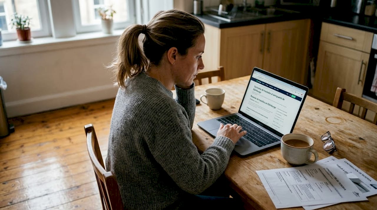 Una mujer revisa opiniones sobre servicios de traslado desde la comodidad de su casa.