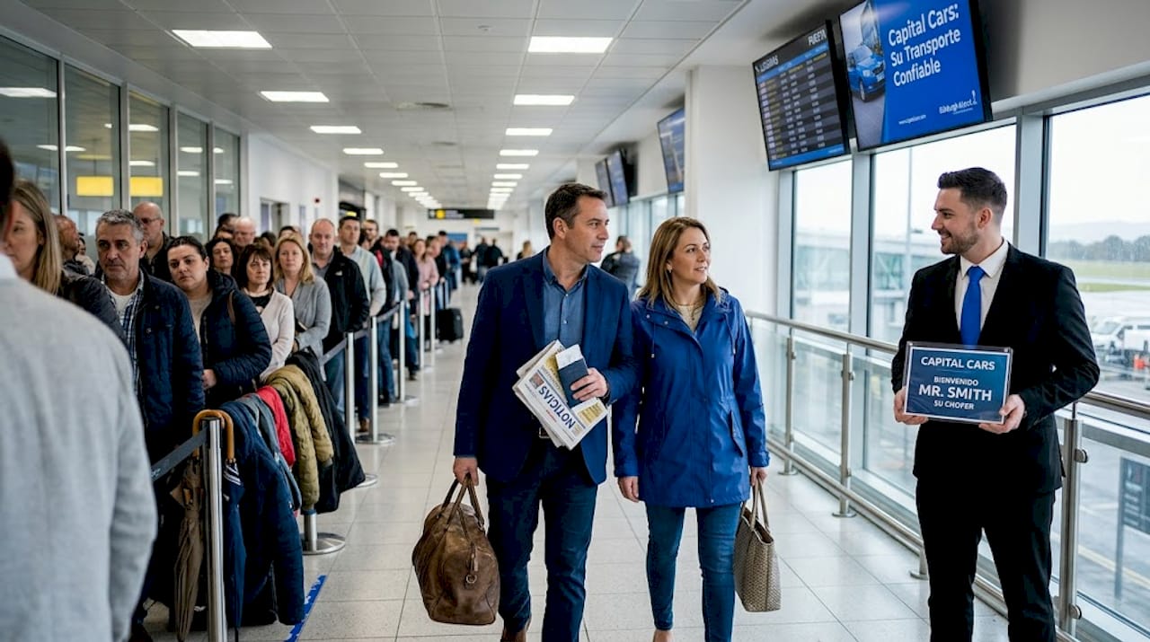 Una pareja evita hacer fila para tomar taxi en el aeropuerto.