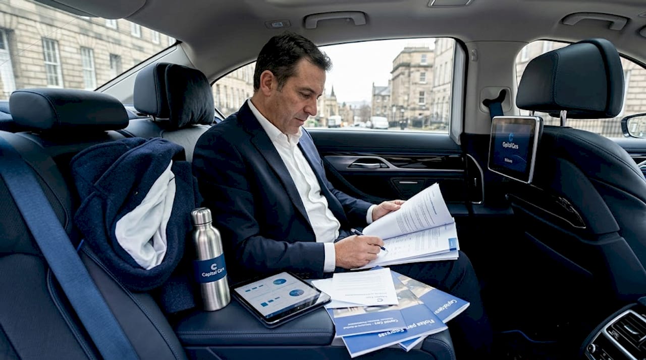Ejecutivo realiza su trabajo mientras viaja en un coche de alta gama por Escocia.