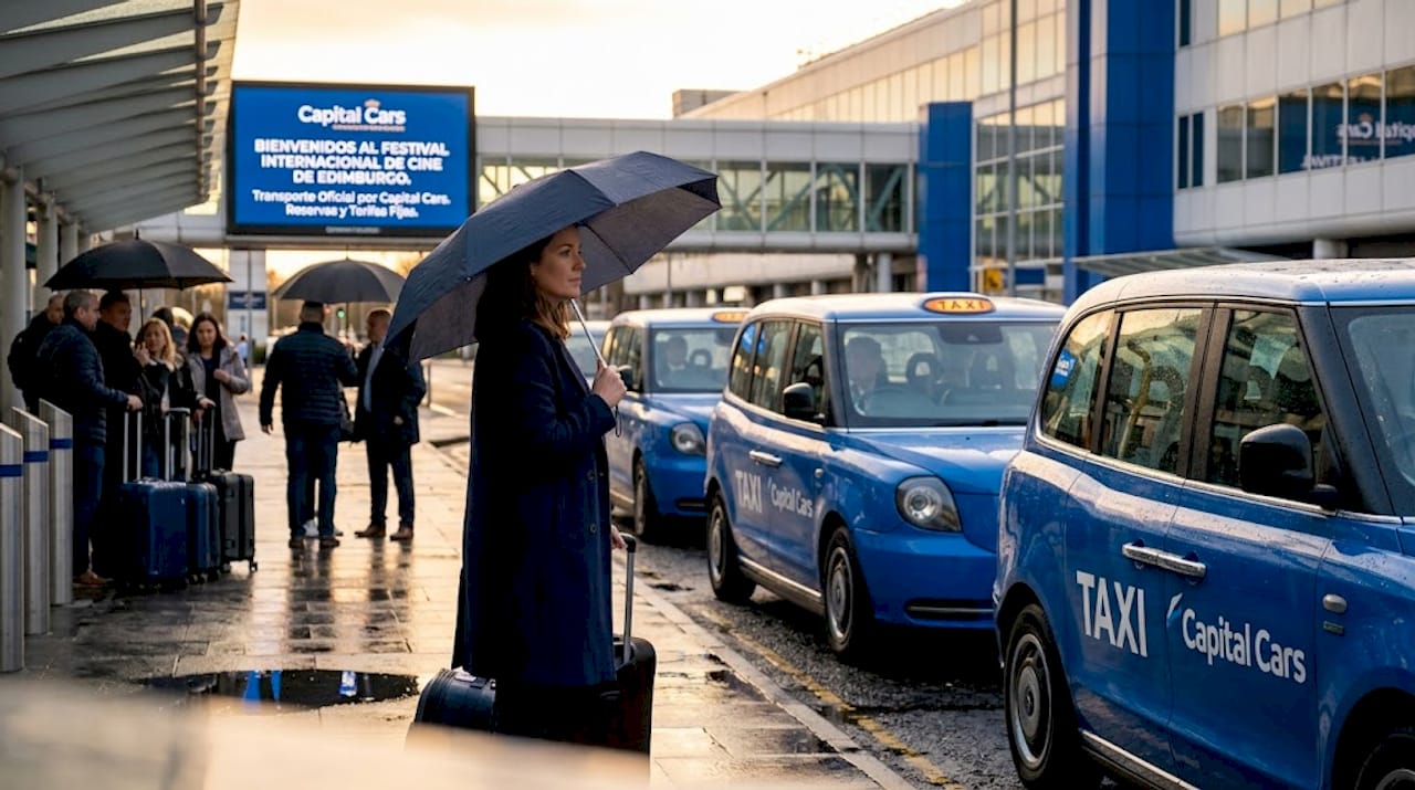 Asistentes haciendo fila para tomar un taxi tras un evento multitudinario en Edimburgo