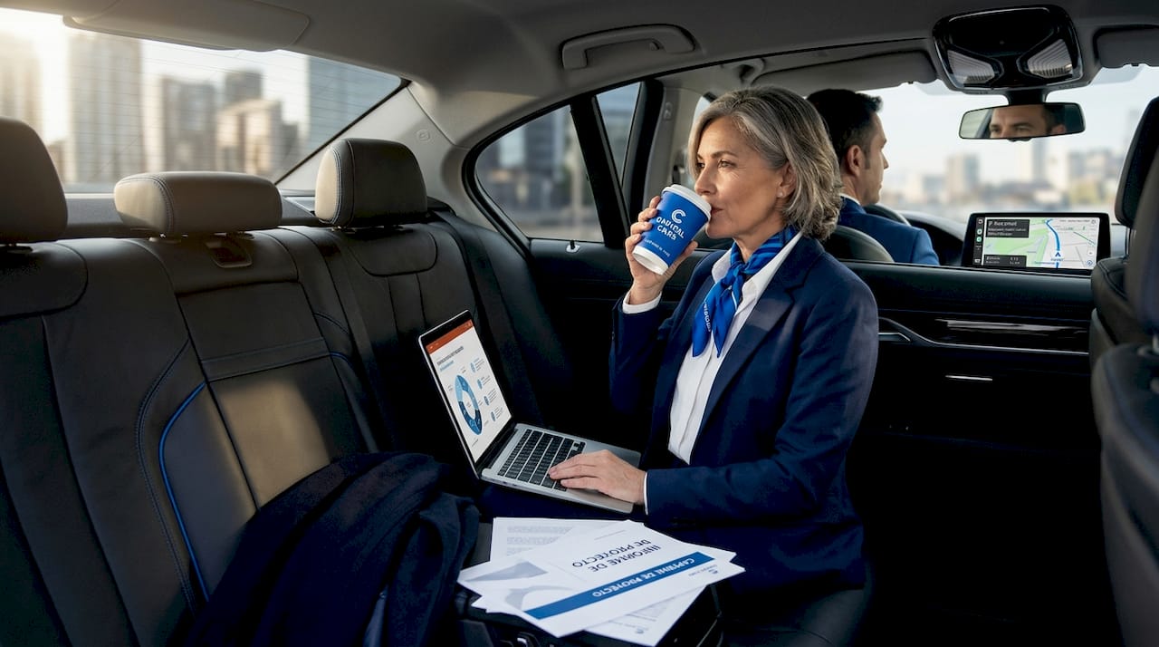 Disfrutando de un viaje en taxi ejecutivo con un conductor atento y profesional.