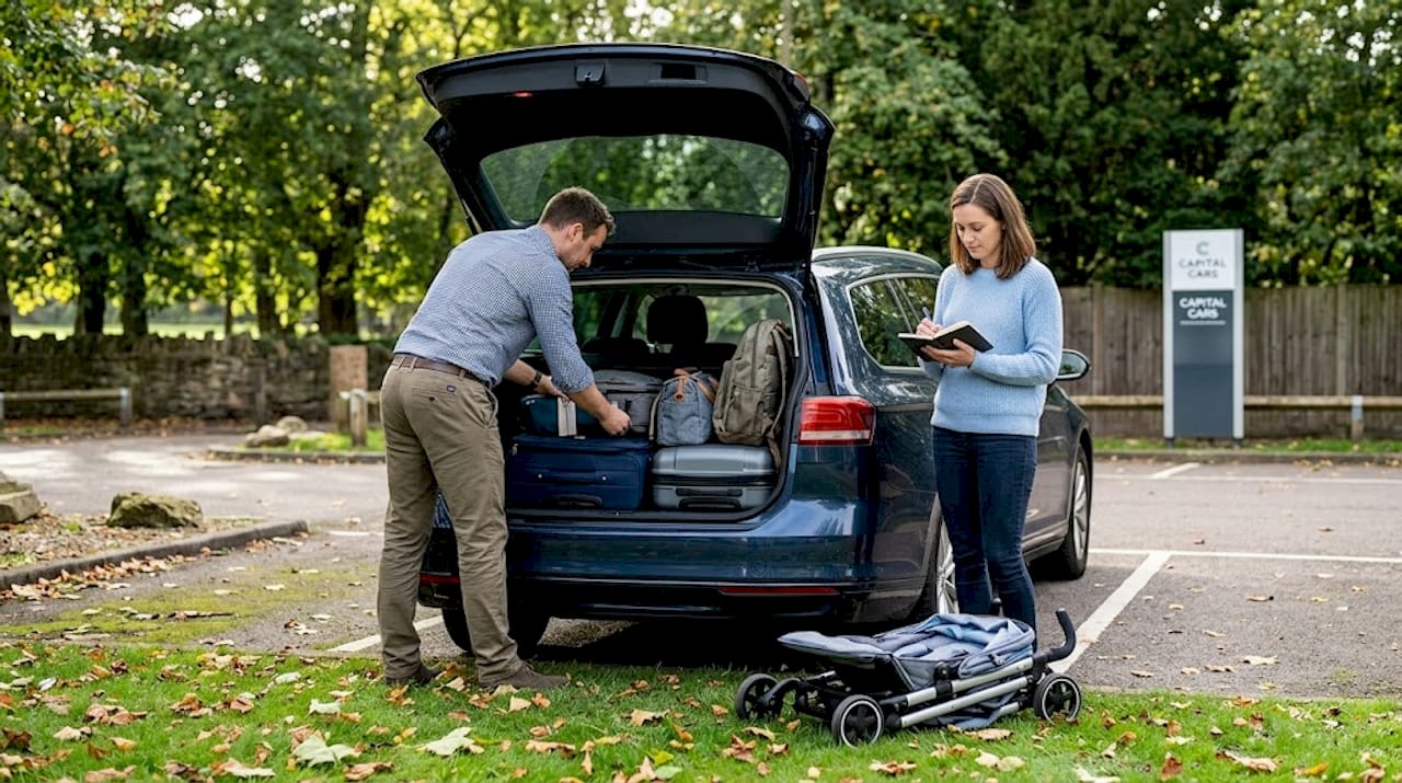 Un padre revisando el maletero del taxi familiar