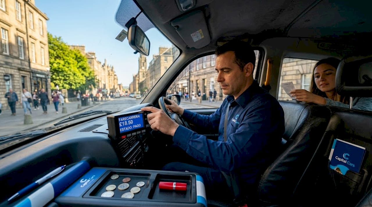 El taxista le da el recibo a la pasajera.