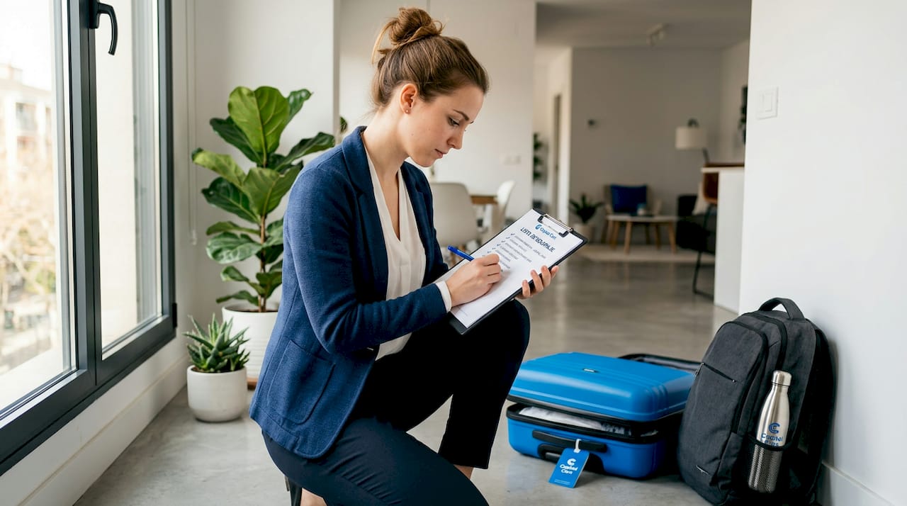 Persona revisando su equipaje y asegurándose de que no le falta nada en su lista de viaje