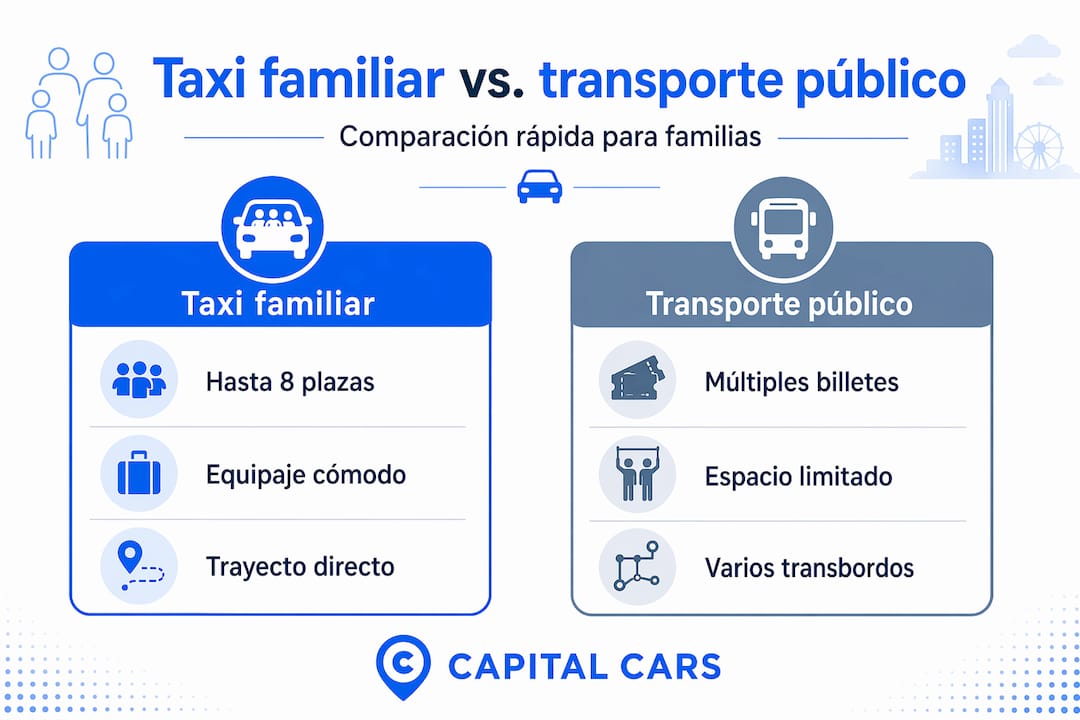 Infografía que muestra las diferencias entre el uso de un taxi familiar y el transporte público