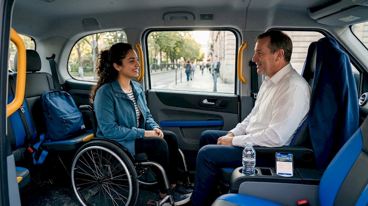 Mujer usuaria de silla de ruedas viaja en un taxi adaptado