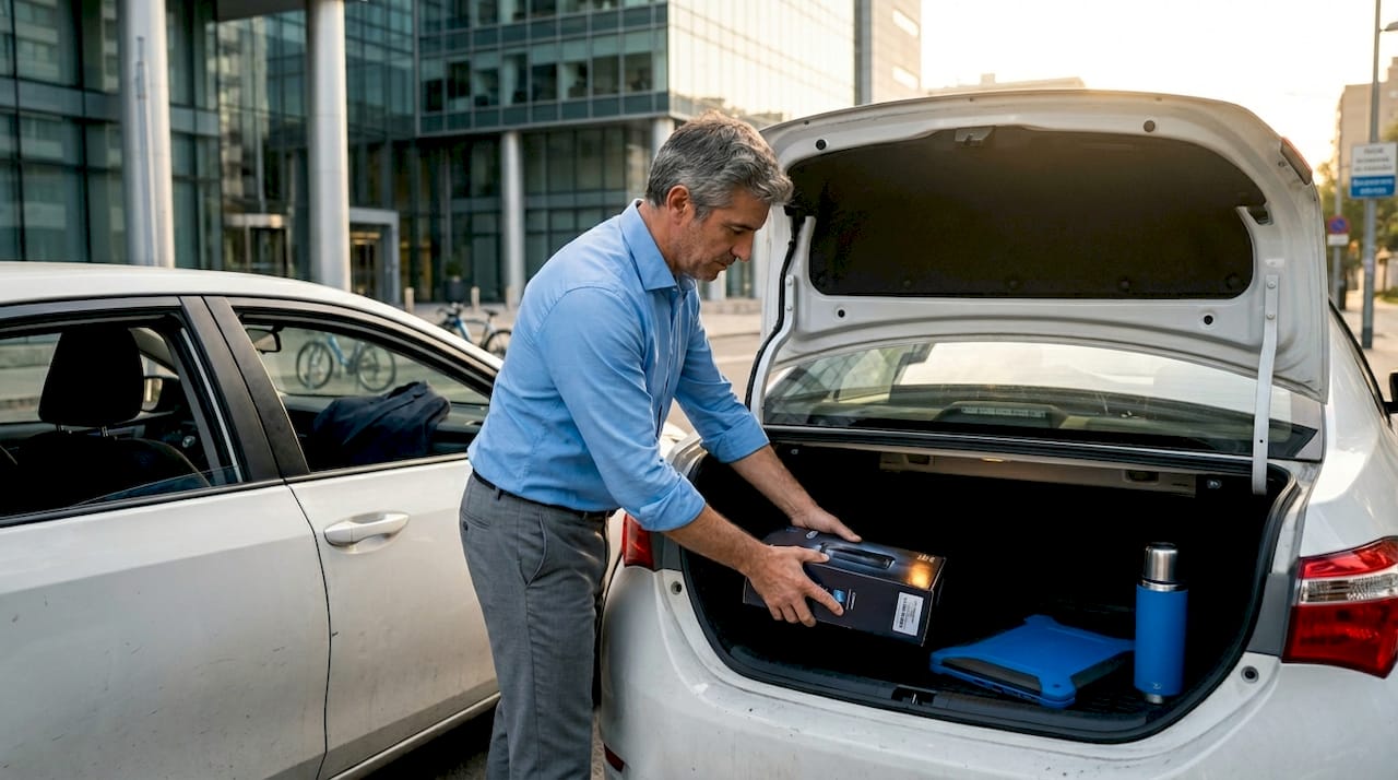 Un empresario coloca su equipaje en el maletero de un coche compacto.