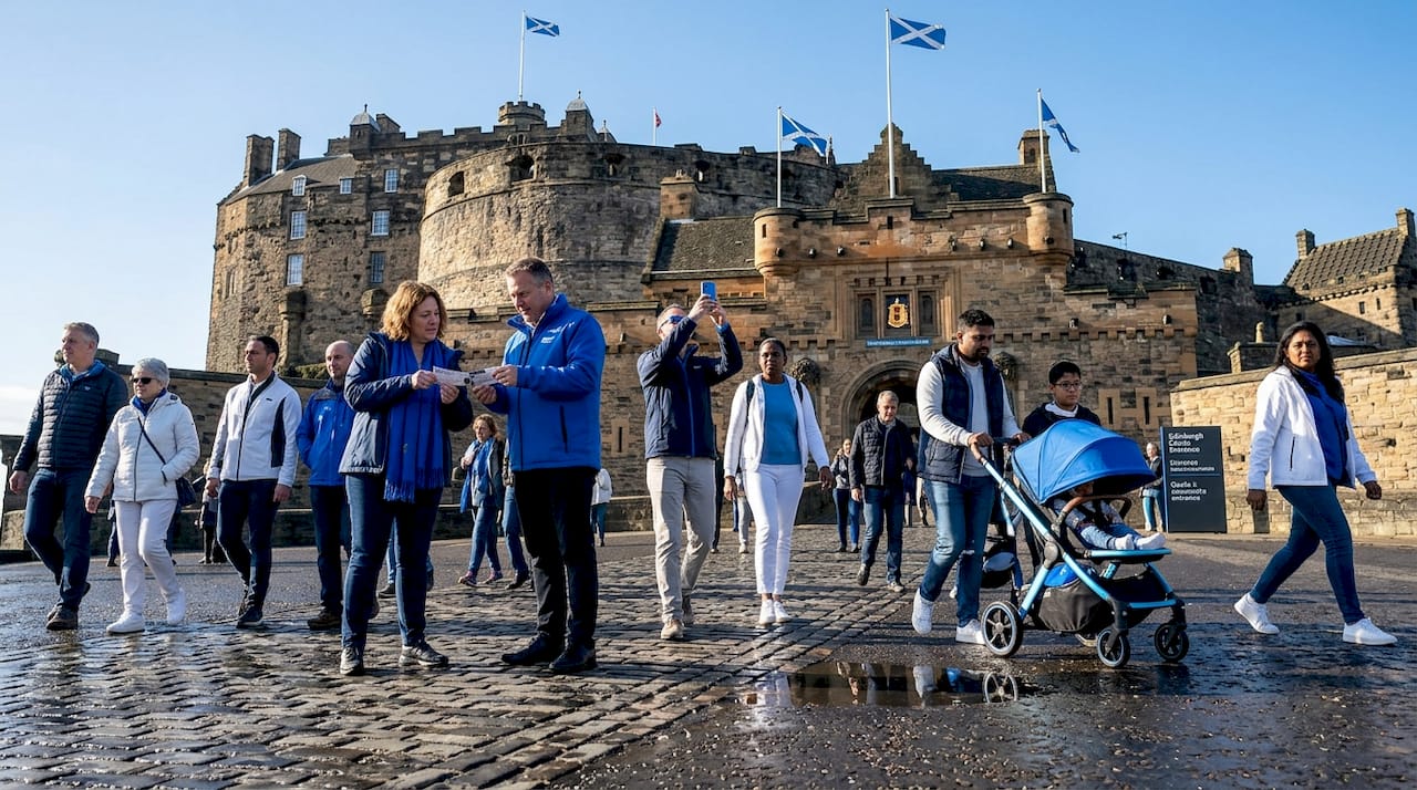 Una mañana en Edimburgo: los turistas empiezan a llegar al castillo, listos para descubrir su historia y disfrutar de las impresionantes vistas.