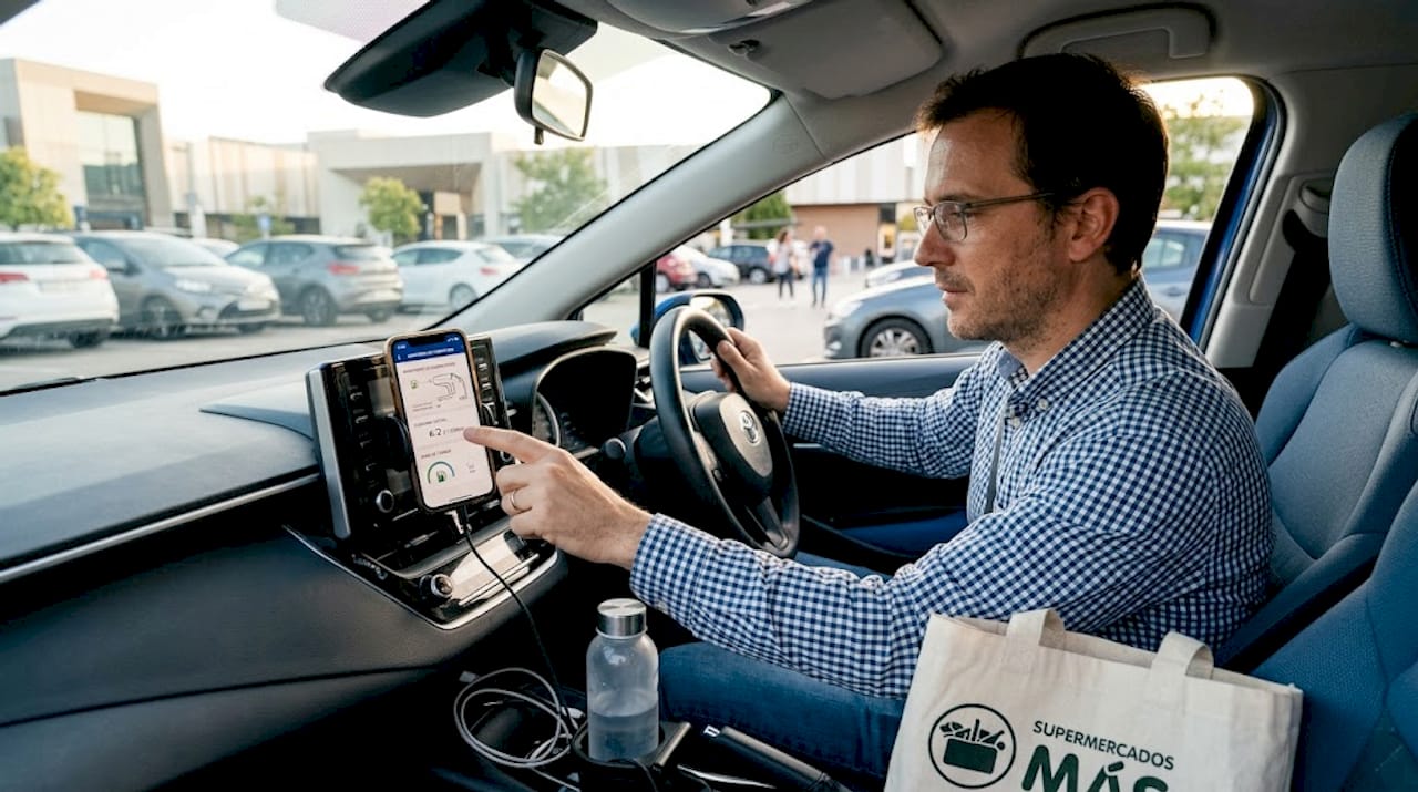 El conductor consulta en el coche la aplicación para ver el consumo de combustible.