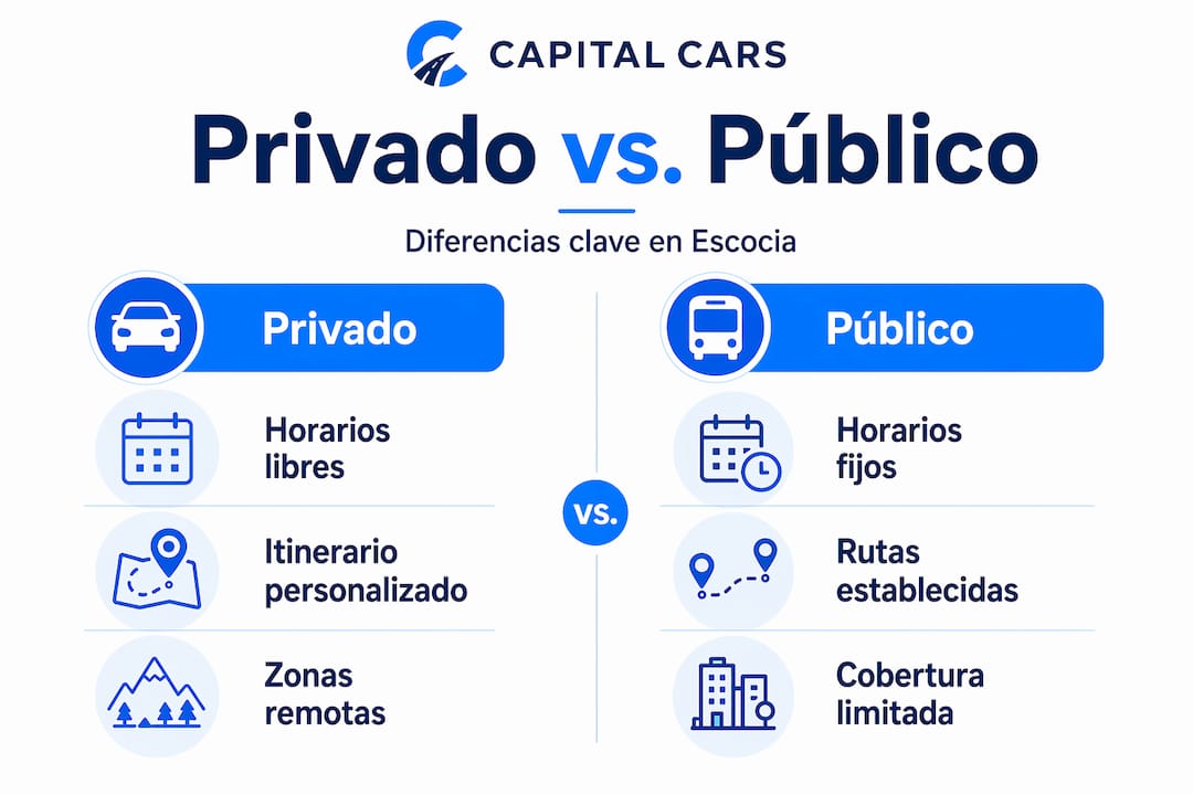 Un vistazo visual a las diferencias entre moverse en transporte privado y transporte público en Escocia