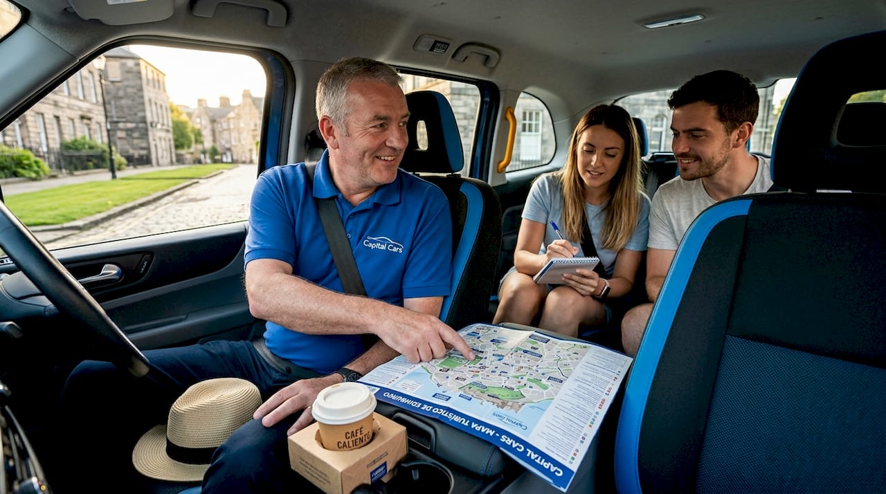 Taxista en Edimburgo orienta a un grupo de turistas sobre el recorrido que van a hacer por la ciudad.