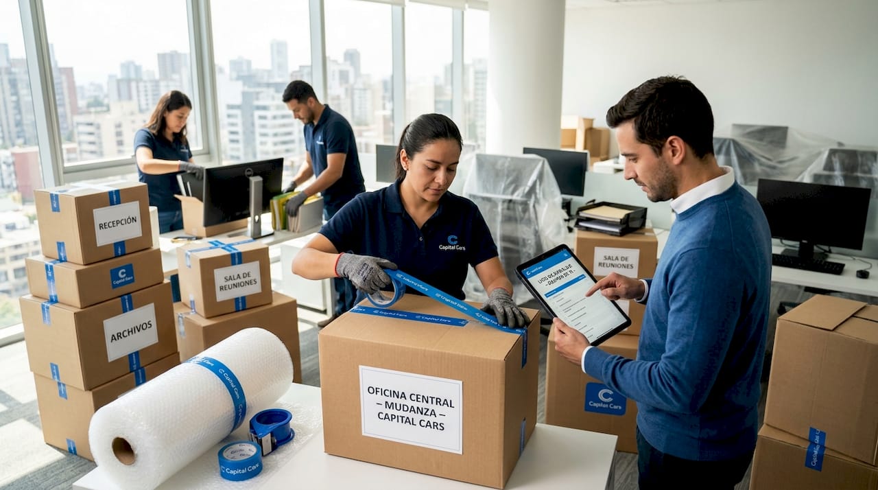 Personal de la empresa preparando y empaquetando cajas para una mudanza corporativa