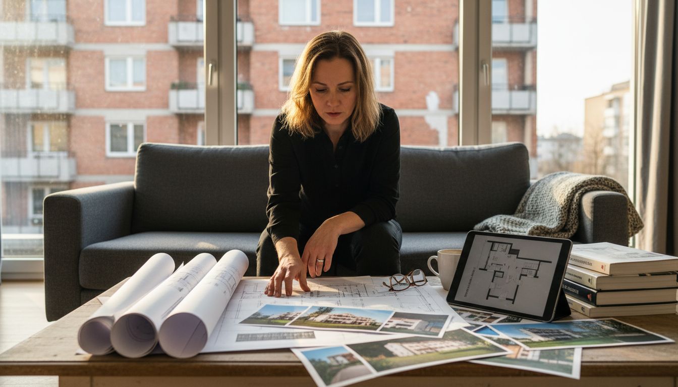Kobieta przegląda w domu dokumentację związaną z budową.