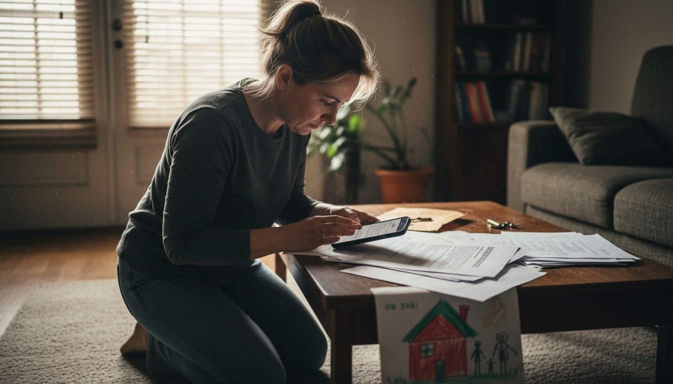 Kobieta przegląda dokumenty związane z domem, siedząc w salonie.