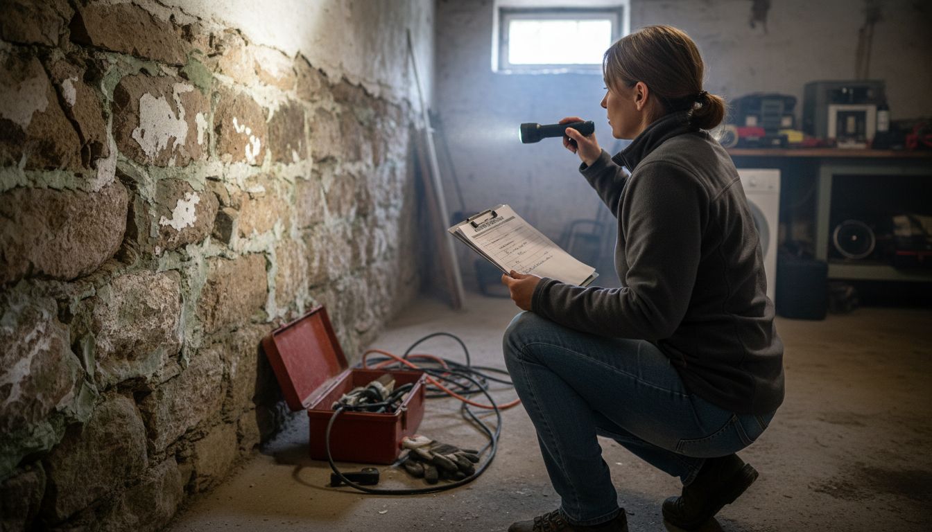 Specjalista sprawdza zawilgocone ściany fundamentowe w piwnicy
