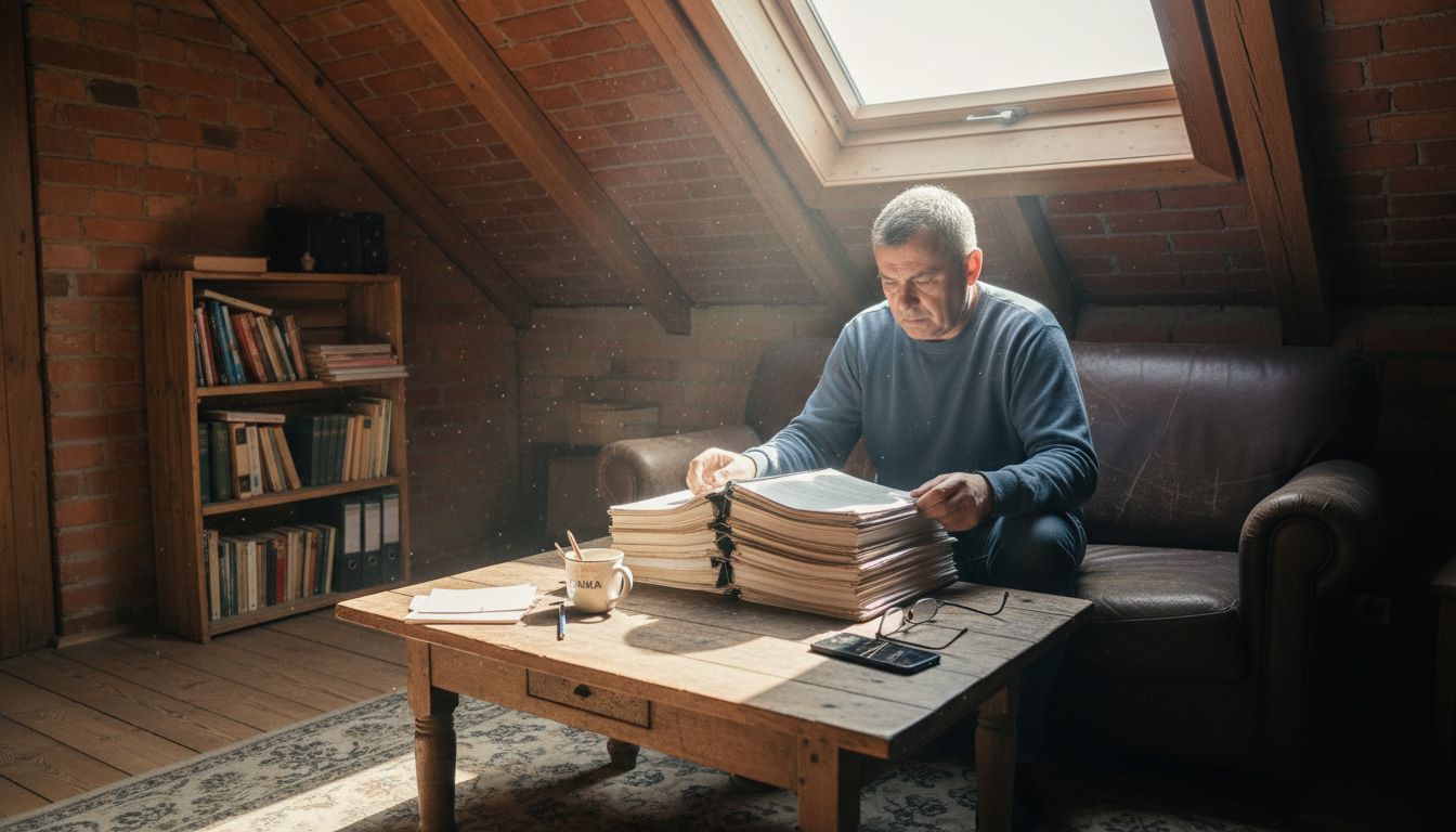 Właściciel domu przegląda dokumenty dotyczące nieruchomości, siedząc wygodnie na kanapie.