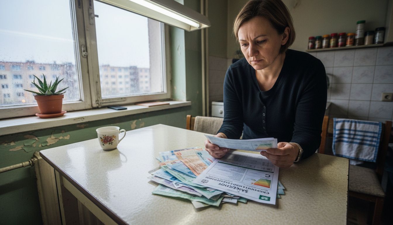 Kobieta siedzi przy stole i dokładnie zapoznaje się z certyfikatem energetycznym.