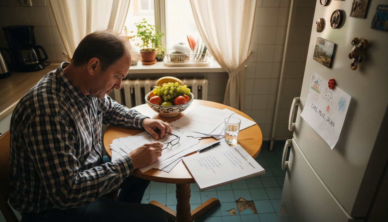 Inwestor przegląda dokumenty dotyczące nieruchomości, siedząc w kuchni.