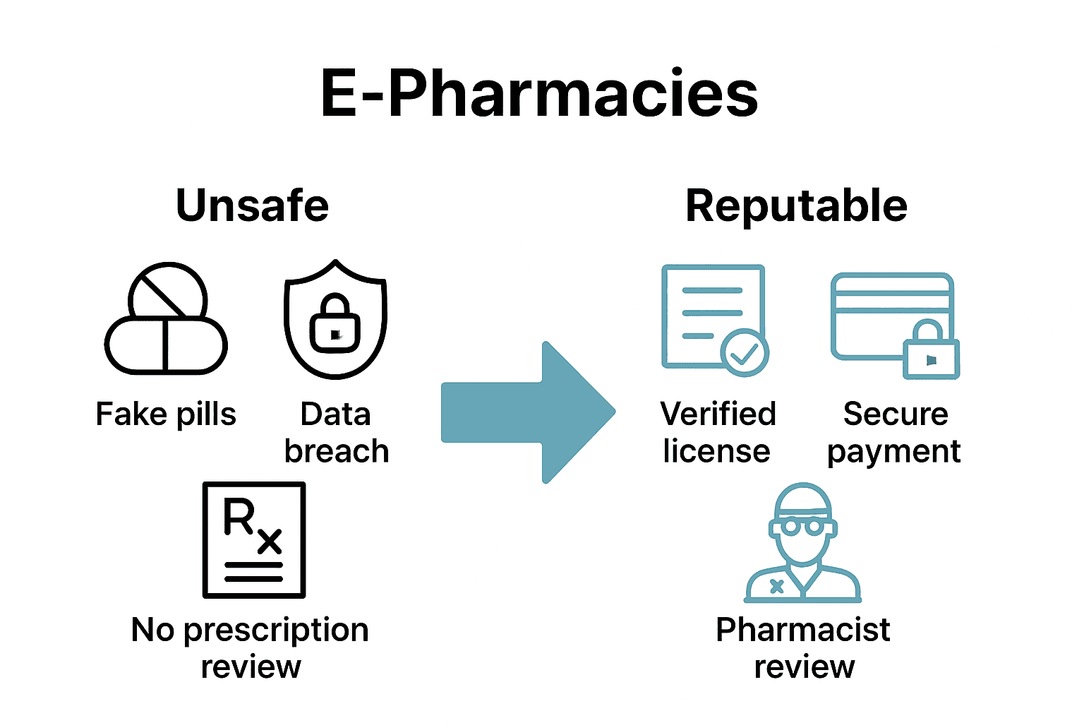 Comparison diagram of risky versus safe online pharmacy features