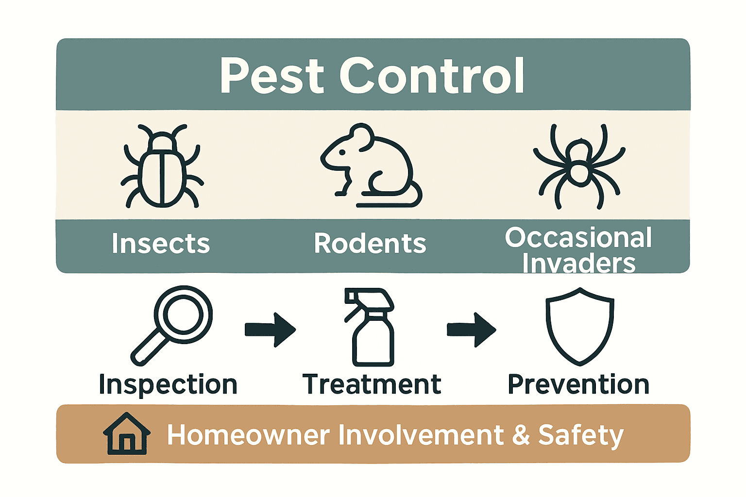 Infographic comparing pest types, treatment methods, and homeowner roles.