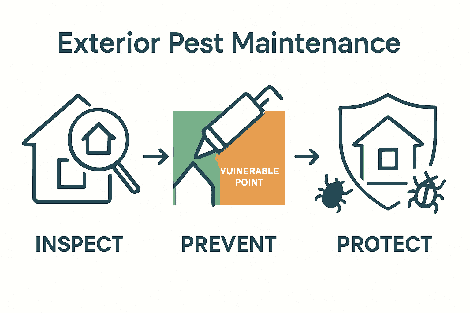 Infographic showing three key steps of exterior pest maintenance: inspect, prevent, protect.