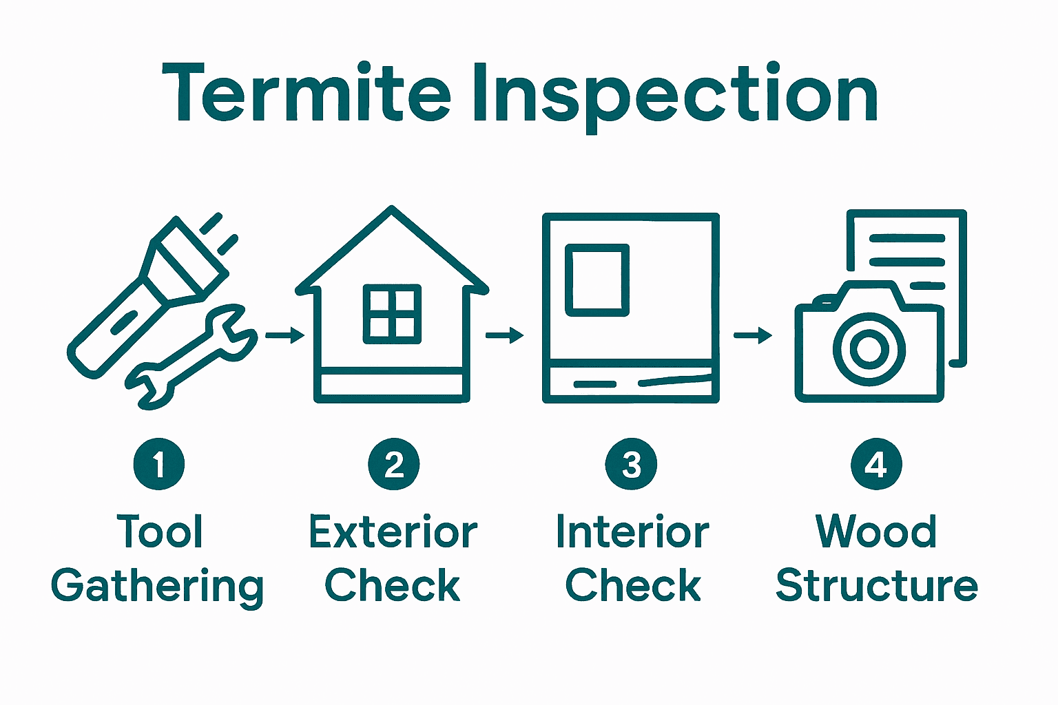 Five steps of termite inspection process with icons and arrows