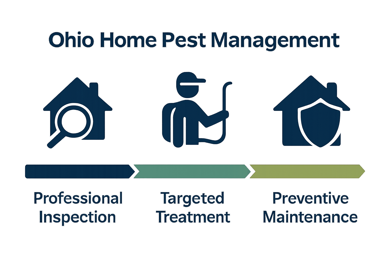 Three-step Ohio home pest management infographic with icons and arrows