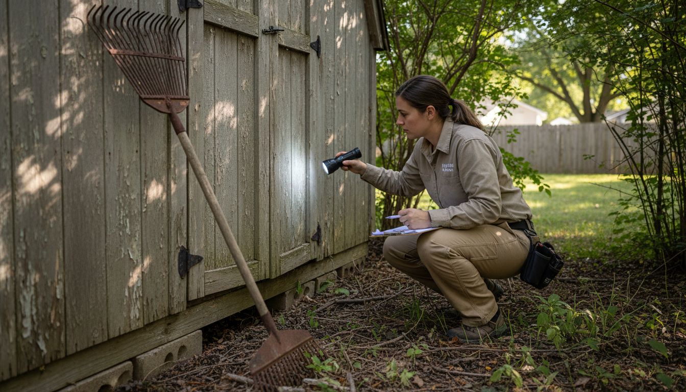 Technician inspecting shed foundation for pests
