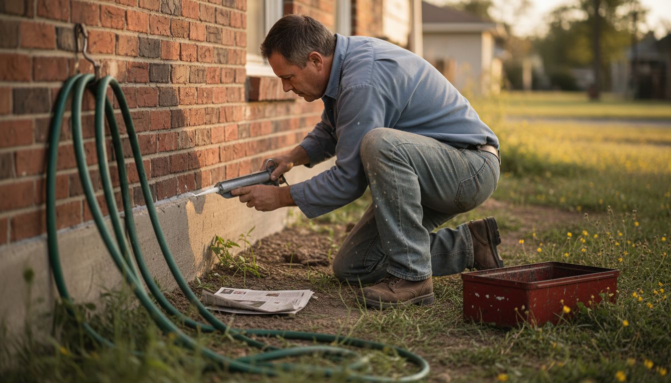 Man sealing exterior wall entry point