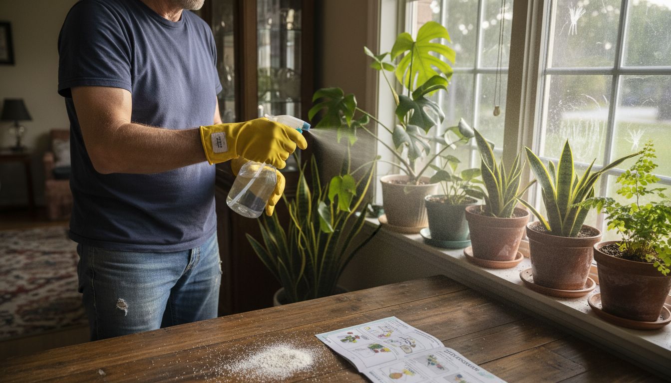 Applying organic spray to indoor plants